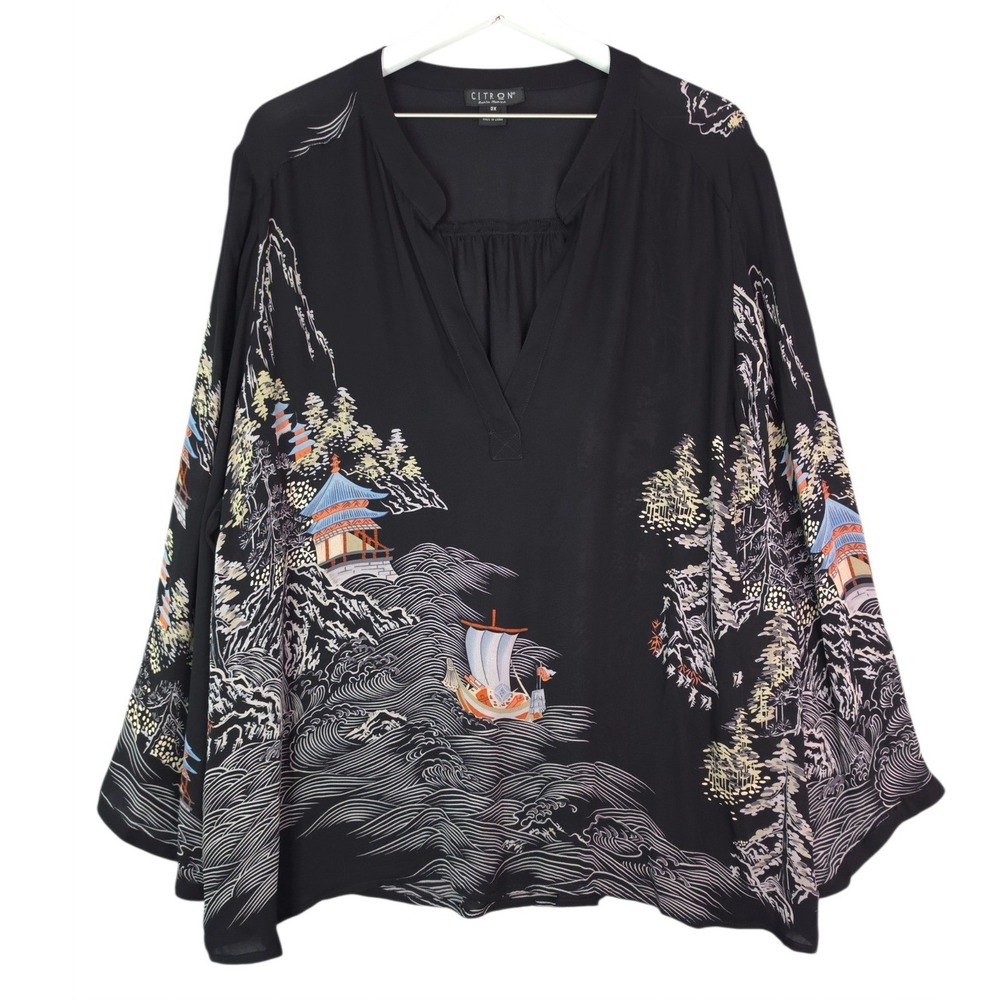 Citron Santa Monica Blouse Women 3X Silk Asian Landscape Pagoda Print Black